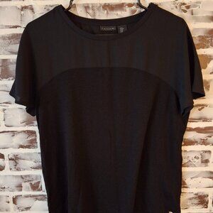 Tahari Medium Top Short Sleeves Black Semi Sheer High Low